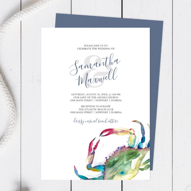 Watercolor Crab Beach Wedding Stationery (Beach wedding invitations watercolor blue crab art by Victoria Grigaliunas of Do Tell A Belle)