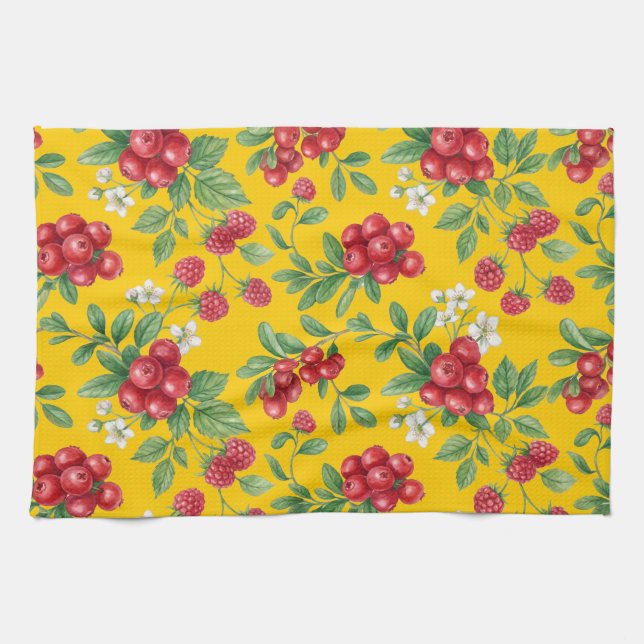 Watercolor Cranberry & Raspberry Floral Pattern Tea Towel (Horizontal)