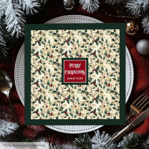 Watercolor cranberry red holly berry deep green napkin