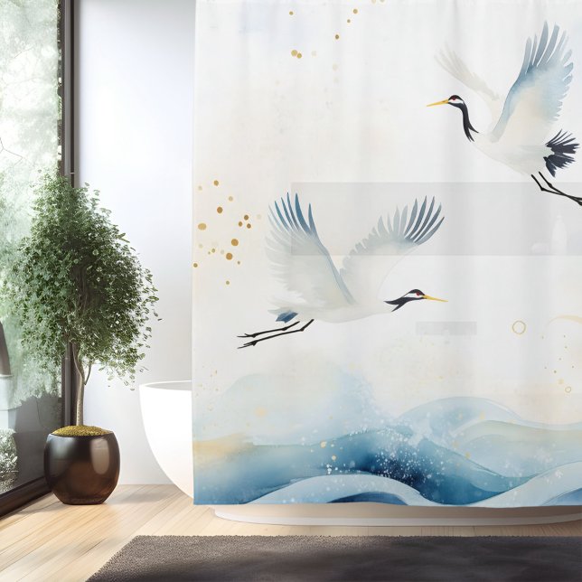 Watercolor Crane Japanese Style Shower Curtain (Creator Uploaded)
