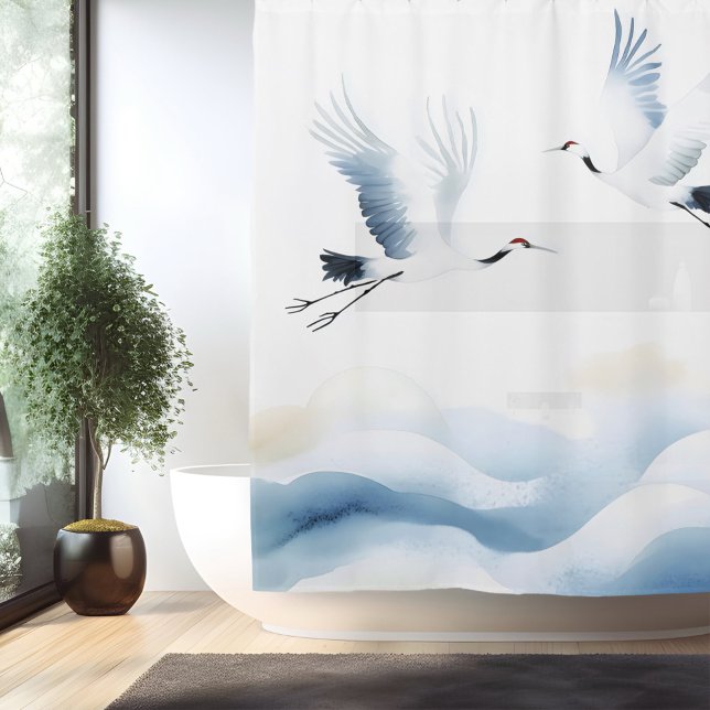Watercolor Crane Japanese Style Shower Curtain (Creator Uploaded)
