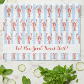 Watercolor Crawfish Striped Background Tea Towel