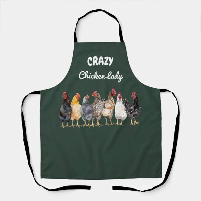 Watercolor Crazy Chicken Lady, Dark Green Farm Apron (Front)