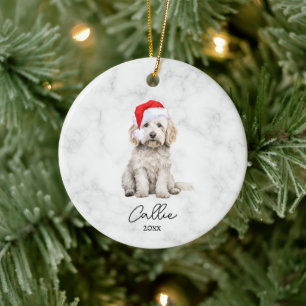 Watercolor Cream Parti Goldendoodle Dog Painting Ceramic Tree Decoration