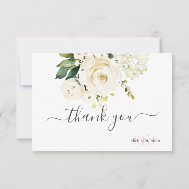 Watercolor Cream Roses Hydrangea Thank You Card (Front)