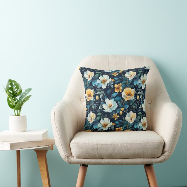 Watercolor Cream Yellow Blue Florals Cushion (Chair)
