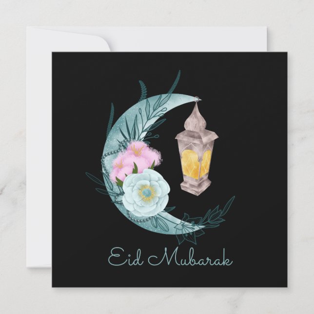 Watercolor Crescent Eid Mubarak Black Holiday Card (Front)