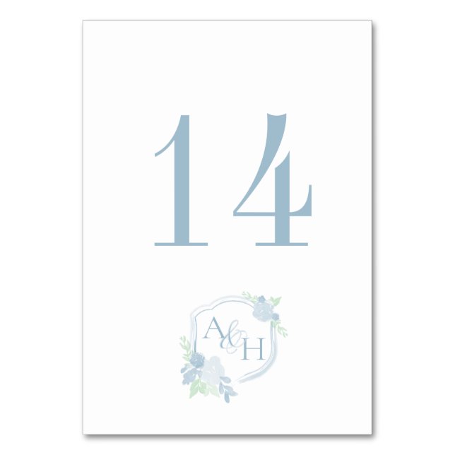 Watercolor Crest Floral Monogram Wedding Table Number (Front)
