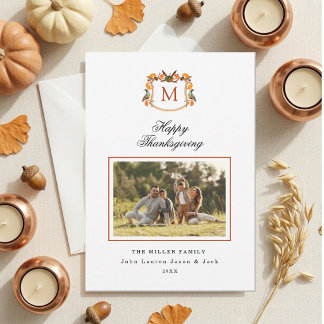 Watercolor Crest Photo Thanksgiving Holiday Card