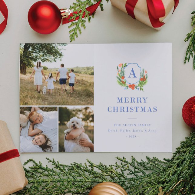 Watercolor Crest Preppy Christmas Multi Photo Card (A multi photo Christmas card featuring a custom family crest with hand painted foliage)