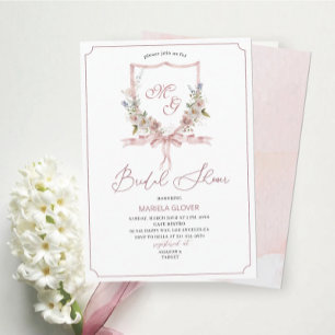 Watercolor Crests  Pink flowers Bridal Shower Invitation