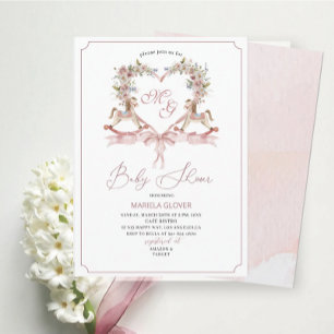 Watercolor Crests Pink flowers Rocking Horse Bab Invitation