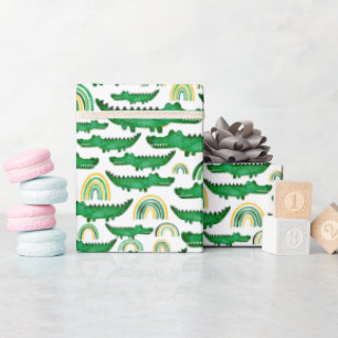 Watercolor Crocodile Alligator Rainbow Kids Wrapping Paper