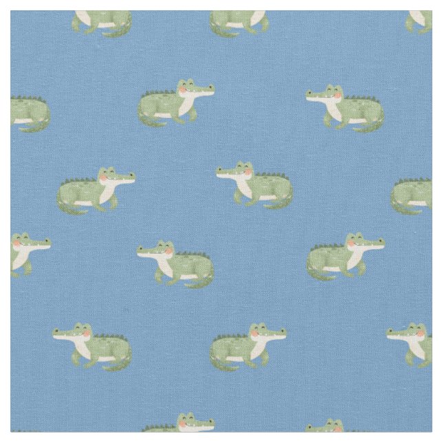 Watercolor Crocodiles on Blue Fabric (Close Up)