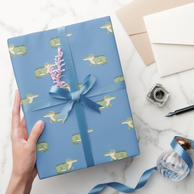 Watercolor Crocodiles on Blue Wrapping Paper (Gifting)