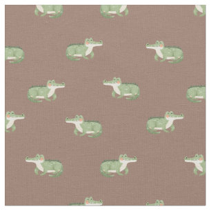 Watercolor Crocodiles on Brown Fabric