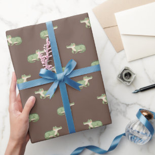 Watercolor Crocodiles on Dark Brown Wrapping Paper
