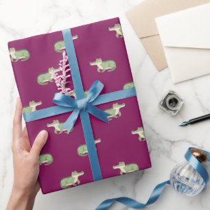 Watercolor Crocodiles on Dark Pink Wrapping Paper