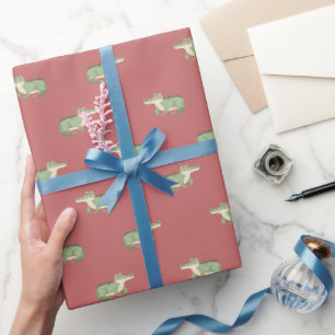 Watercolor Crocodiles on Faded Red Wrapping Paper