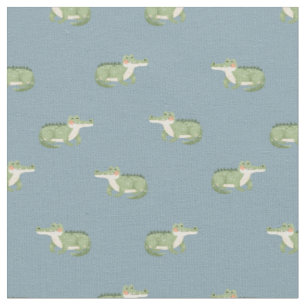 Watercolor Crocodiles on Light Gray-Blue Fabric