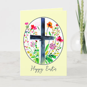 Watercolor cross and flowers oval custom Easter Holiday Card