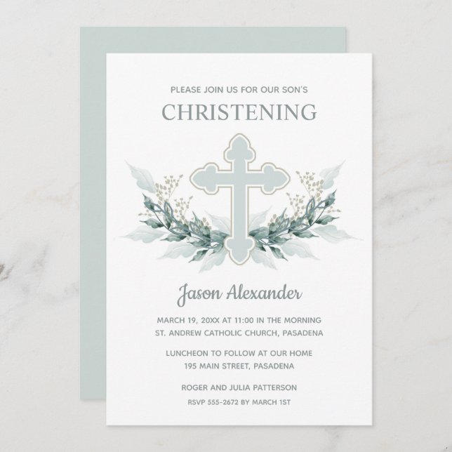 Watercolor Cross Christening Invitation (Front/Back)