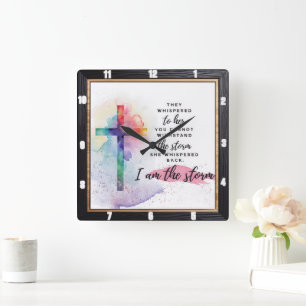 Watercolor Cross Empowering Storm Square Wall Clock