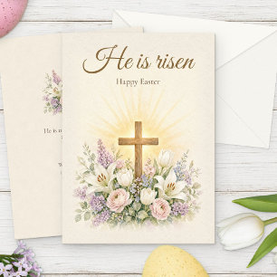 Watercolor Cross He Is Risen Easter Card