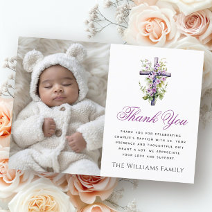 Watercolor cross purple flower baptism thank you