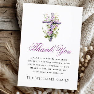 Watercolor cross purple flower baptism thank you