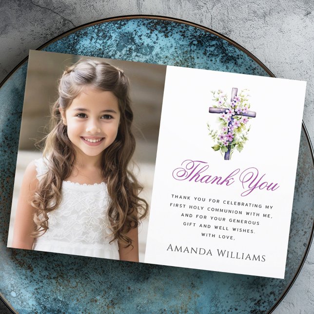 Watercolor cross purple flower First Communion Thank You Card (Watercolor cross purple flower First Communion Thank You Card)