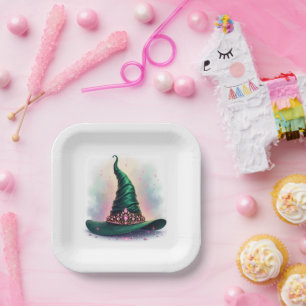 Watercolor Crown Green Witch Hat Birthday Paper Plate