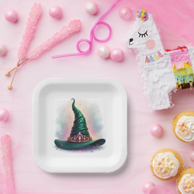 Watercolor Crown Green Witch Hat Birthday Paper Plate (Party)