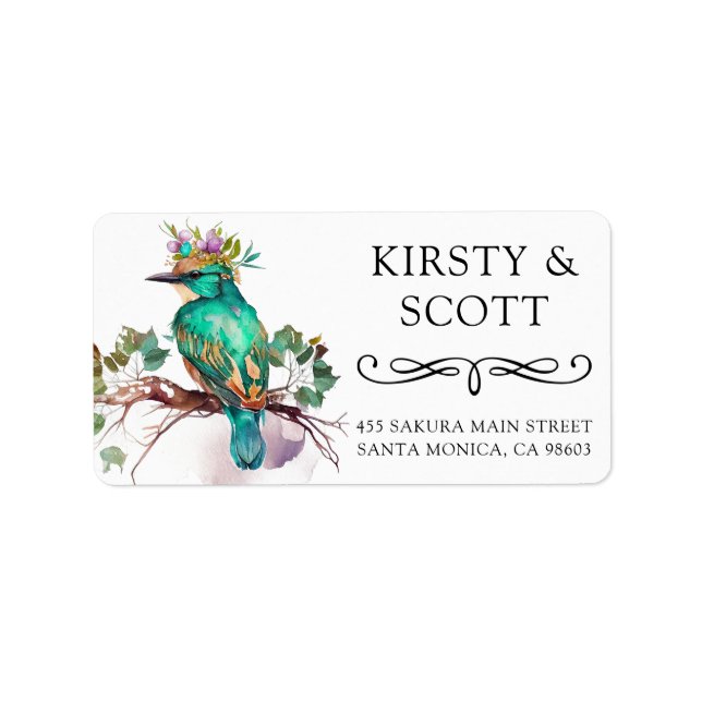 Watercolor Crowned Spring Bird Address Label (Front)