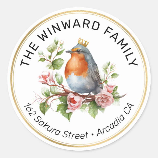 Watercolor Crowned Spring Robin Address Classic Round Sticker (Front)
