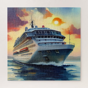 Watercolor Cruise Ship Sunset Jigsaw Puzzle