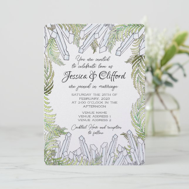 Watercolor Crystal and Fern Wedding invitation (Standing Front)