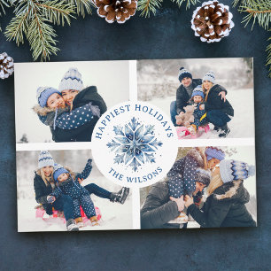 Watercolor Crystal Blue Snowflake 4 Photo Collage Holiday Card