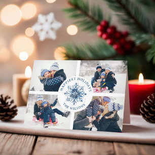 Watercolor Crystal Blue Snowflake 4 Photo Collage Holiday Card