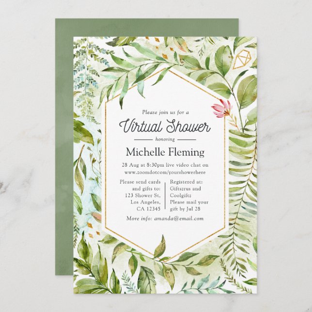 Watercolor Crystal Greenery Virtual Shower Invitation (Front/Back)
