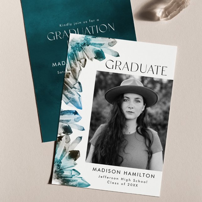 Watercolor Crystal Teal Photo Graduation Party Invitation (Creator Uploaded)