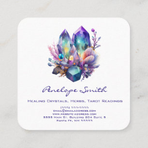 Watercolor Crystals and Flowers Square Business Card