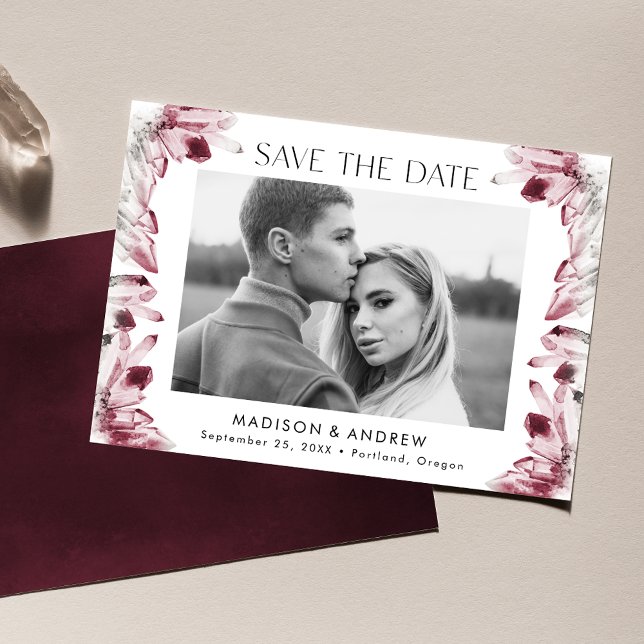 Watercolor Crystals Burgundy Photo Save The Date (Creator Uploaded)