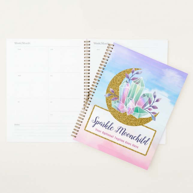 Watercolor Crystals & Gold Crescent Moon Boutique Planner (Display)