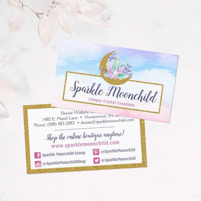 Watercolor Crystals & Gold Moon Social Network Business Card (Creator Uploaded)