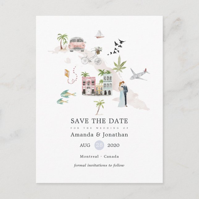 Watercolor Cuba Destination Wedding Save the Date Announcement Postcard (Front)