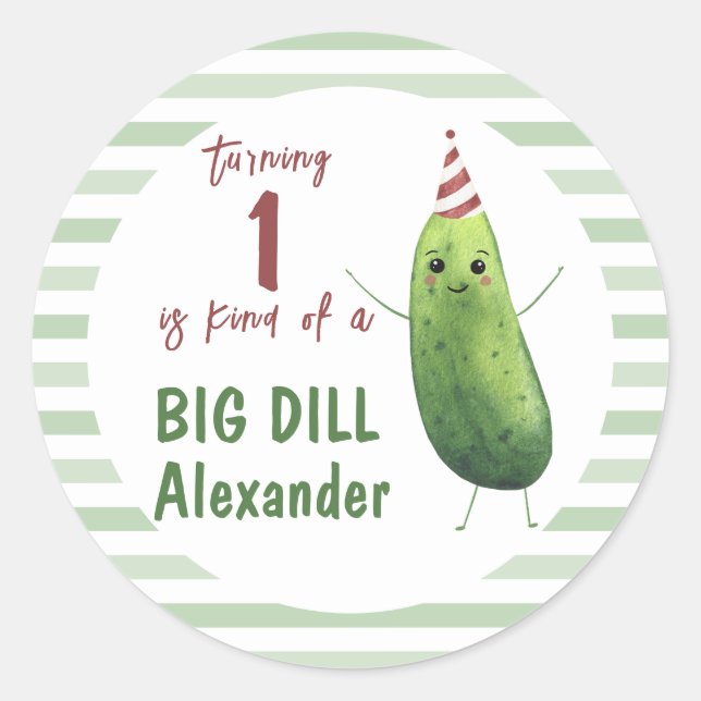 Watercolor Cucumber Big Dill Birthday Party Classic Round Sticker (Front)