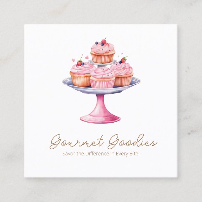 Watercolor Cupcake Bakery Square Business Card (Front)