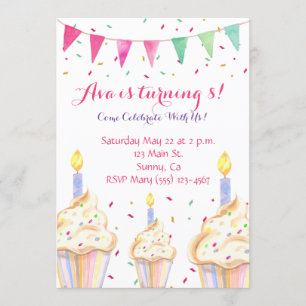 Watercolor Cupcake Birthday Invitation