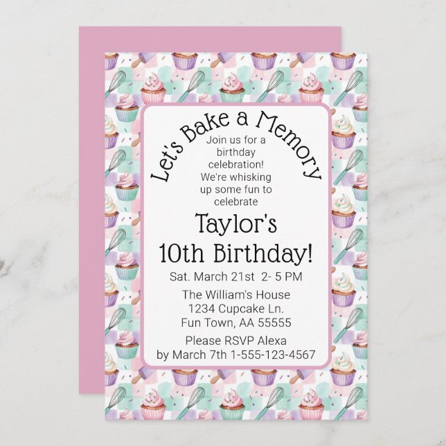 Watercolor Cupcake Birthday Let's Bake a Memory Invitation (Front/Back)
